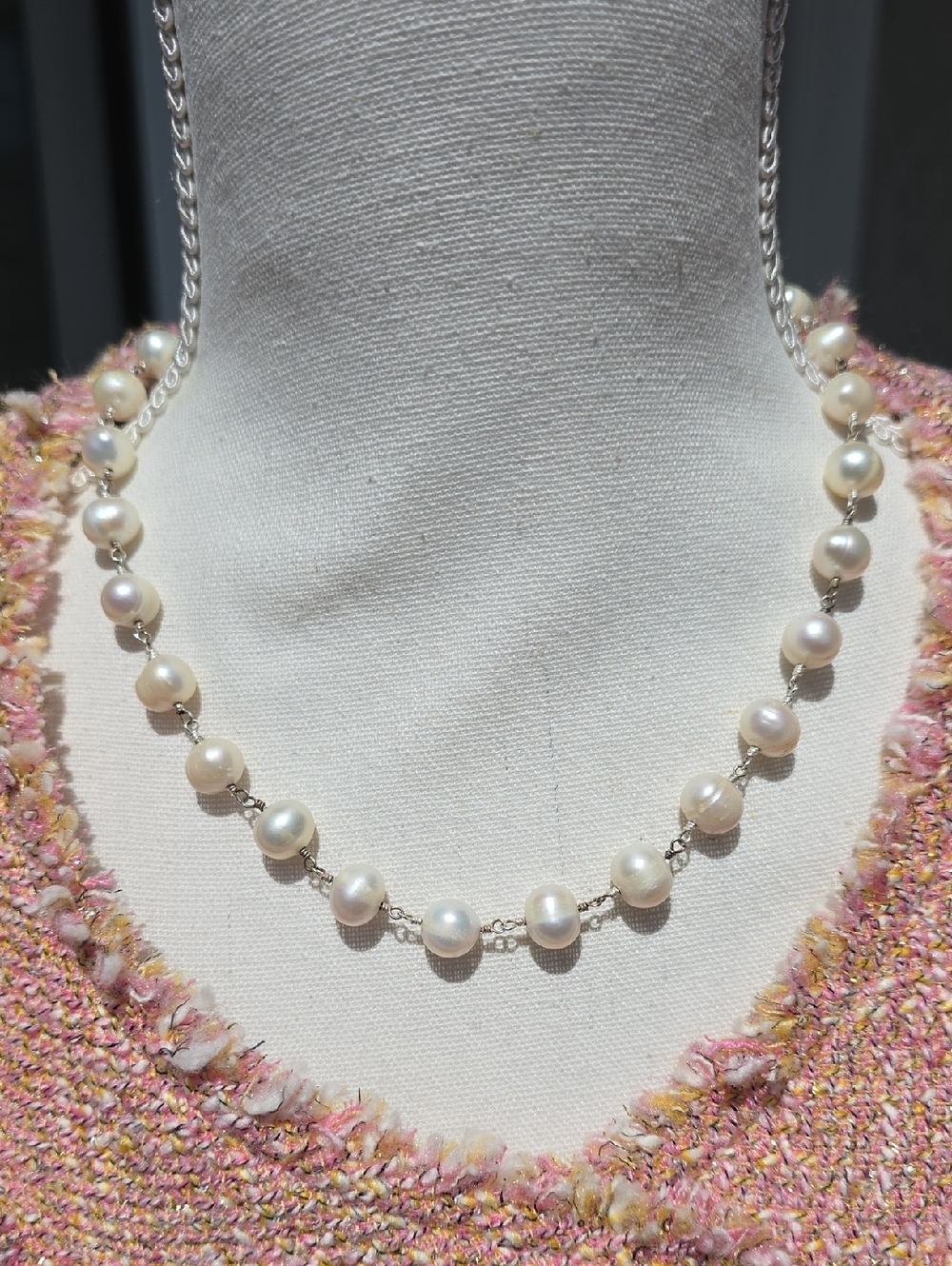 Freshwater Pearl Sterling Silver Link Necklace - White Pearls
